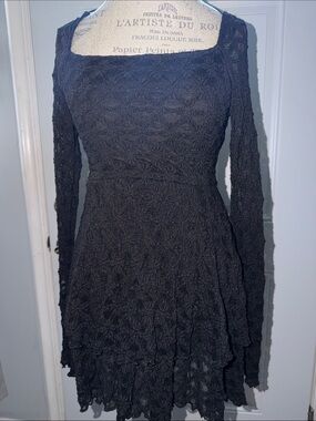 Laced/Knit Black Long-bell Sleeve & Flare mini Dress